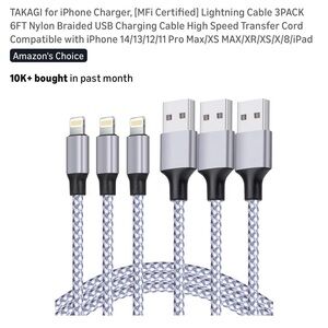 TAKAGI 6ft Silver Braided Lightning Cable 1-Pack, iPhone Charger